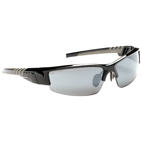 Sunglasses are positioned prominently with gray lenses reflecting light and a sleek black frame. They are designed for outdoor use conveying a sporty aesthetic suitable for active environments.