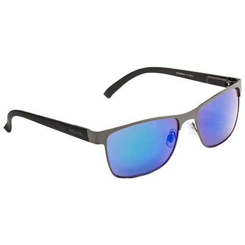 Sunglasses with gray frames and blue mirrored lenses rest angled against a flat surface highlighting their sleek design and reflective quality suitable for outdoor use.