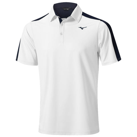 A short-sleeved polo shirt in white with navy blue shoulder accents hangs against a neutral background showcasing its collar and buttoned neck placket indicating a casual yet sporty style.
