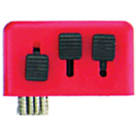 A red device features three black buttons on its surface with a textured design and a metallic component at the bottom suggesting it may be a control or interface for electronic equipment.