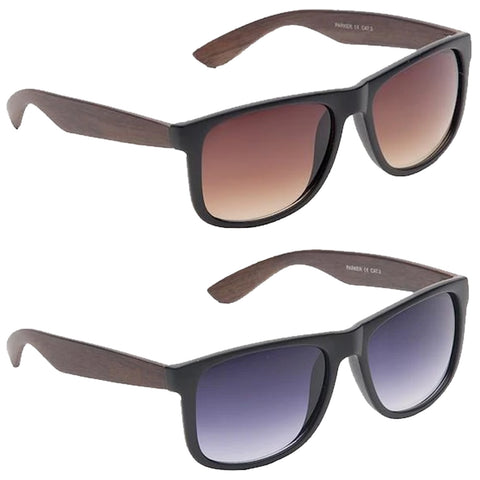 Two pairs of sunglasses are displayed side by side The top pair features a brown gradient lens while the bottom pair has a gray gradient lens Both have wooden-style arms