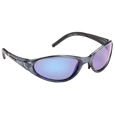 Sunglasses are displayed with a sleek design featuring dark frames and reflective lenses. They are positioned against a plain background, emphasizing their stylish shape and color.