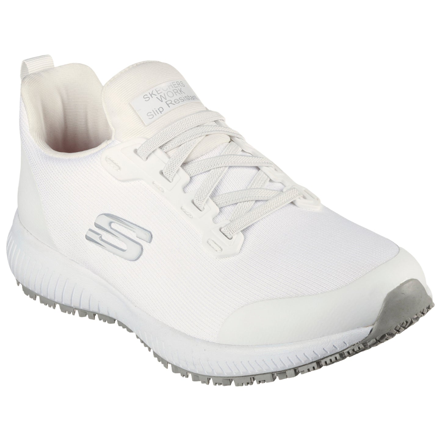 A white athletic shoe with a textured surface is positioned centrally featuring laces and a logo on the side designed for slip resistance and labeled for work use.