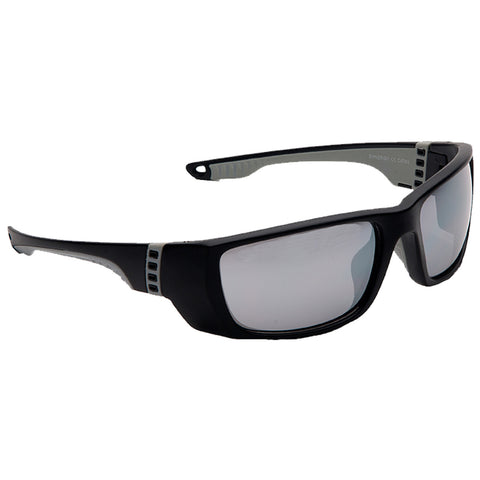 Sunglasses with a black frame and gray accents rest with their arms slightly open featuring polarized lenses that reflect light suggesting outdoor use in sunny conditions.
