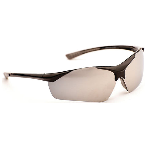 Sunglasses are positioned at an angle displaying their sleek black frame and mirrored lenses reflecting light in a bright, neutral environment, suggesting a stylish accessory suitable for outdoor activities.