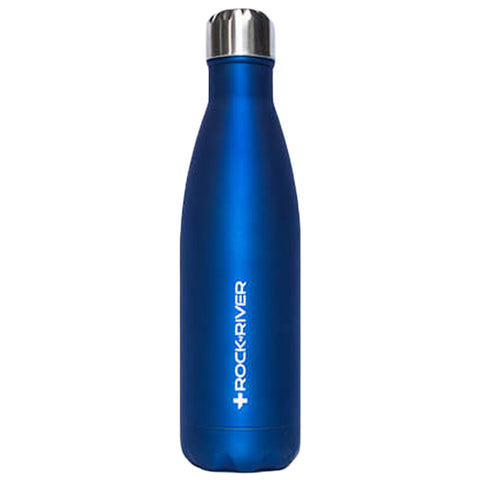 A sleek blue stainless steel water bottle stands upright against a neutral background showcasing its tapered upper shape and metallic cap with the brand name ROCK RIVER printed prominently in white.