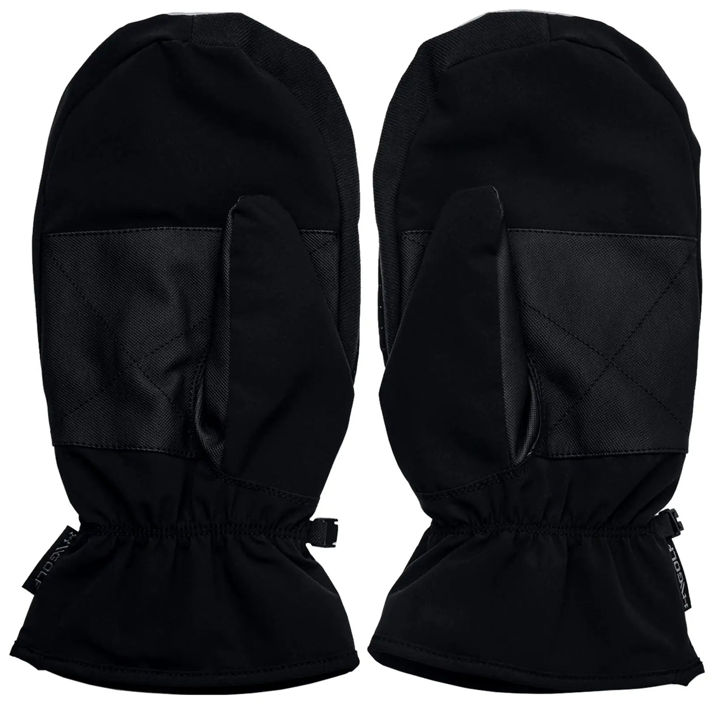 Two black mittens are positioned side by side showcasing a soft fabric exterior and a quilted panel on the palm area intended for warmth in cold environments.