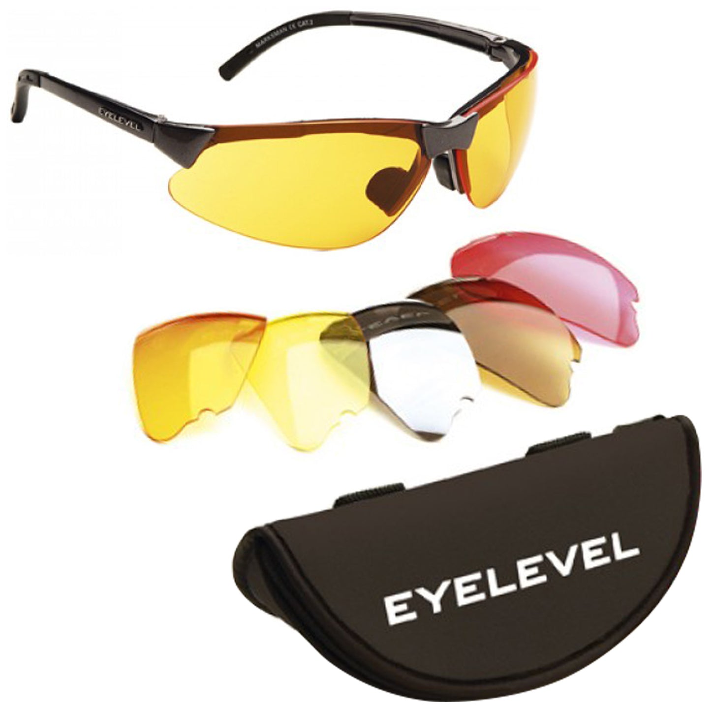 A pair of yellow-tinted sporty sunglasses rests above various interchangeable lenses in different colors and a black protective case labeled EYELEVEL.