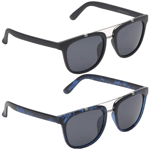 Two pairs of sunglasses are displayed. One is black with dark lenses while the other has a marbled blue pattern. Both have a metallic bridge and curved arms, resting against each other.