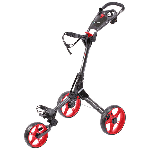 A compact golf cart features three large red wheels and a black frame with a handle for maneuvering it around a golf course while carrying golf clubs and accessories.