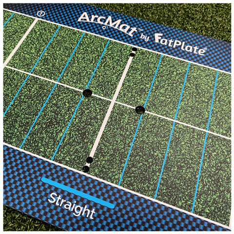 A green textured mat with blue lines and grid patterns displays numbered sections and features black holes for positioning. Text at the bottom states "Straight" and brand names are visible at the top.