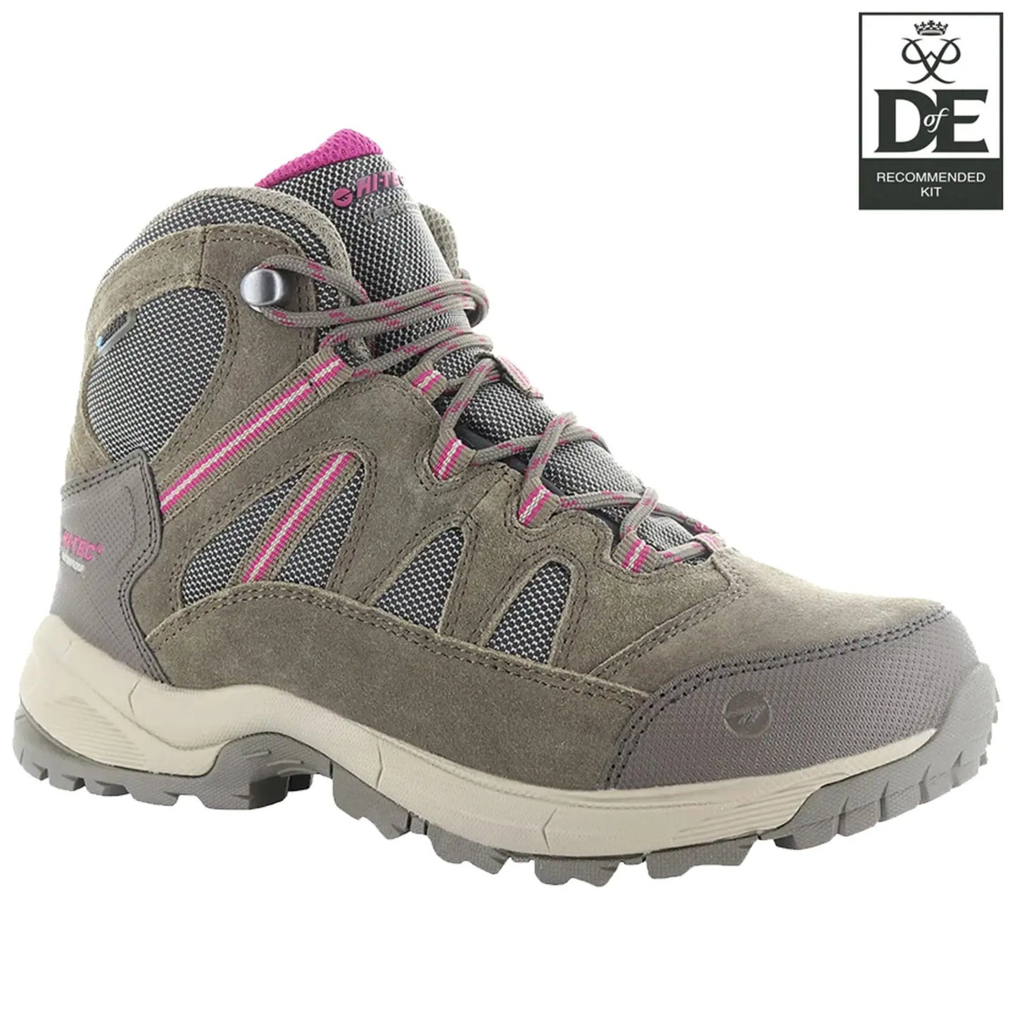A gray hiking boot with pink accents stands upright displaying a rugged sole and breathable mesh paneling suitable for outdoor activities. The brand logo appears on the side. Recommended kit label visible.