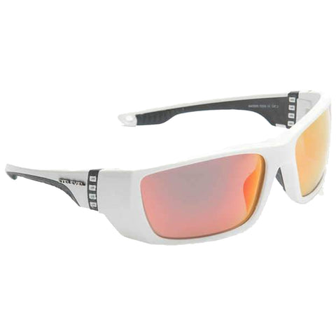 Stylish sunglasses are displayed with a white frame and orange-tinted lenses highlighting a sporty design with black temple arms featuring a textured grip for stability and comfort.