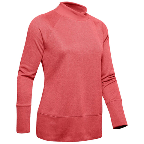 A coral-colored long-sleeve pullover top is displayed with a high collar and relaxed fit. The fabric appears soft, suitable for casual or athletic wear, without any visible patterns or logos.