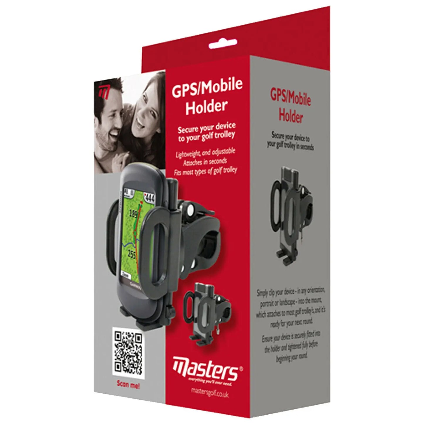A colorful packaging for a GPS/mobile holder features an image of the holder with a device attached. Text describes its lightweight and adjustable features for golf trolleys.