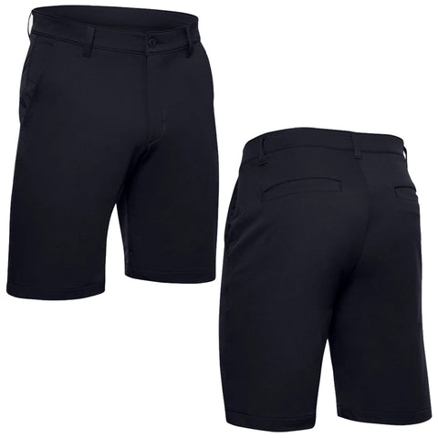 Black shorts are displayed from the front and back showcasing a sleek design with two side pockets and two rear pockets set against a plain background.