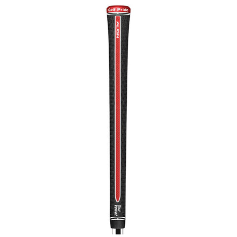 A black golf club grip with a textured surface and red accents is positioned upright against a neutral background showcasing its branding and features suitable for enhanced player control and comfort.