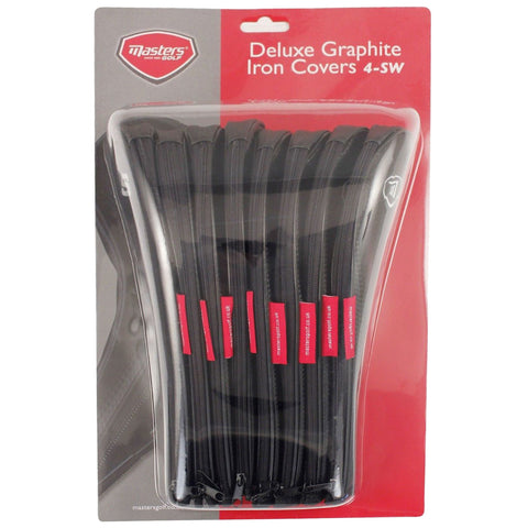 Deluxe graphite iron covers are displayed in a clear plastic package showcasing a set of protective covers designed for golf clubs with a zip closure in black and red colors. The packaging includes the text "Masters Golf Deluxe Graphite Iron Covers 4-SW."