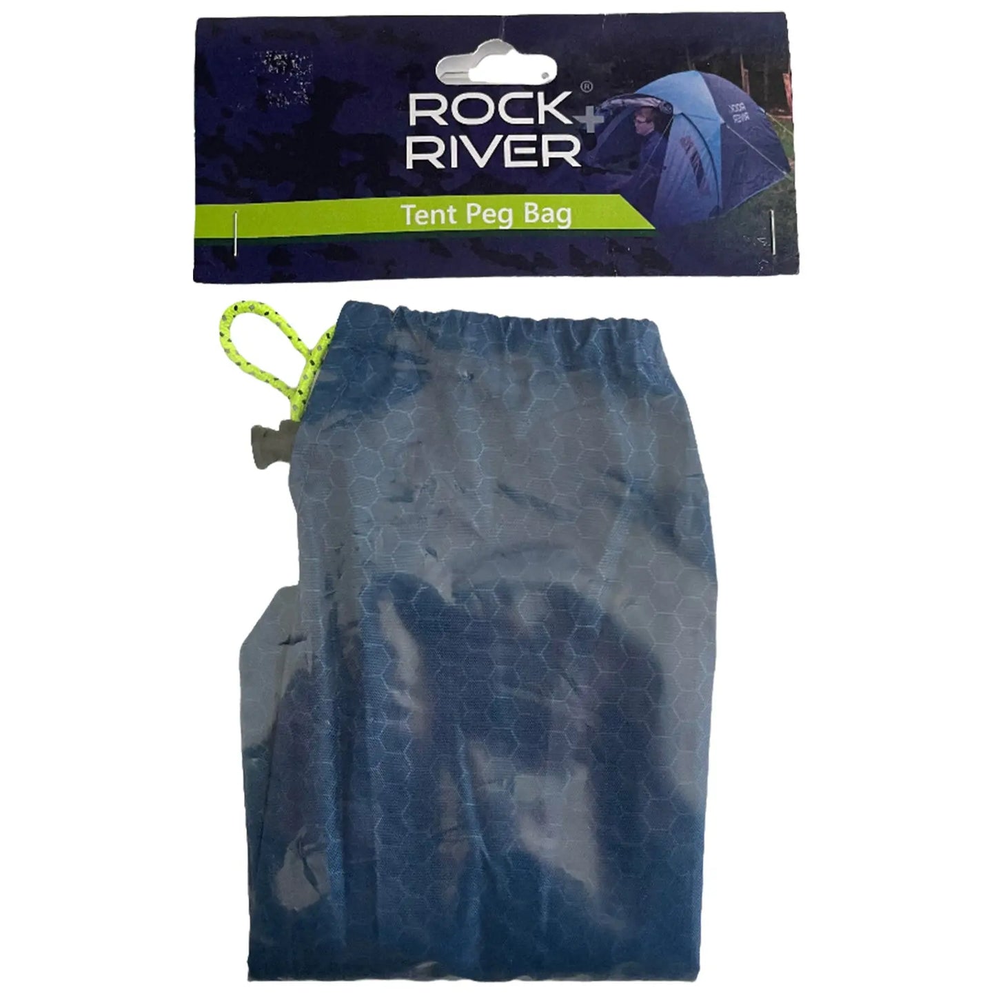 A blue tent peg bag is displayed hanging on a card backing labeled Rock River with a green strip reading Tent Peg Bag in the upper section