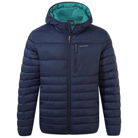 A navy blue puffer jacket with a hood is displayed front-facing. It features a zippered chest pocket and has a contrasting light teal lining, designed for warmth in cold environments.
