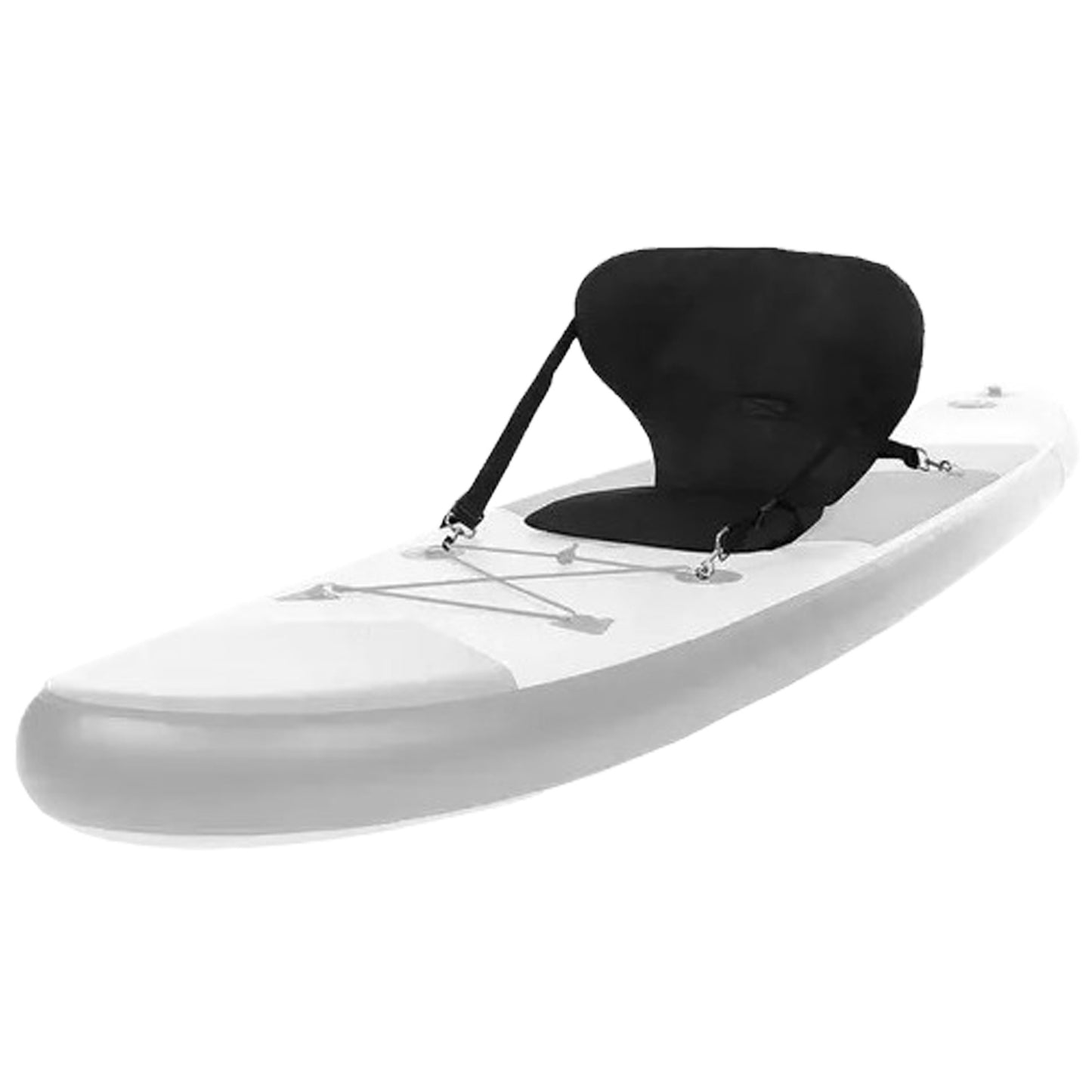 A kayak with a white body and a black seat is positioned upright. It features straps and a storage area, designed for water activities in outdoor environments.