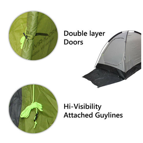 Tent features double layer doors and hi-visibility attached guylines showing a close-up view of construction details designed for improved durability and ease of use in outdoor settings.