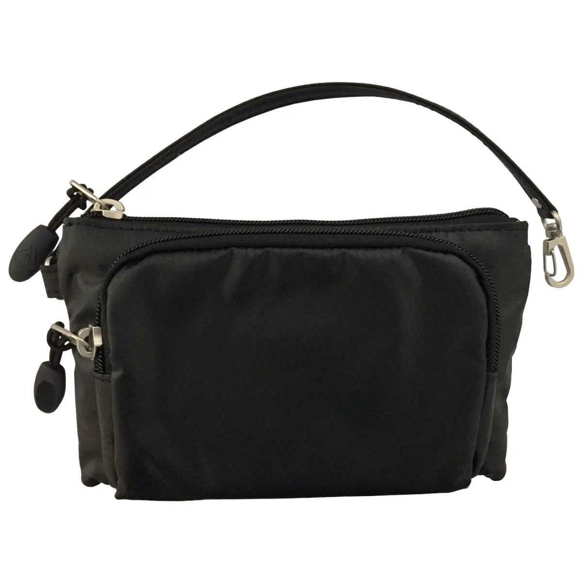 A small black pouch with zippers rests flat on a surface featuring a top handle and additional clips on the sides designed for carrying personal items conveniently.