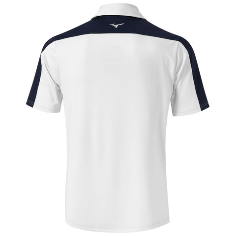 A short-sleeved polo shirt in white with navy blue accents is displayed facing away The collar is traditional with a logo on the upper back