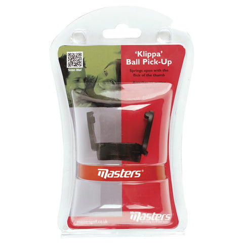 A black plastic ball pick-up tool is displayed in a clear packaging. It springs open with a flick of the thumb and features branding and a QR code.