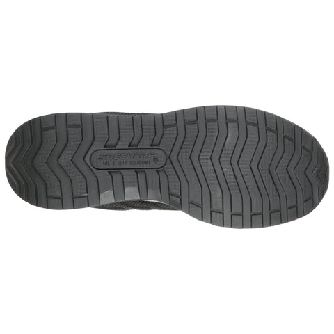 A black shoe sole with a zigzag tread pattern is displayed facing upwards the texture suggests durability and slip resistance with branding indicating it's a Skechers product designed for grip and stability