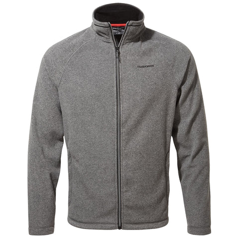 A gray fleece jacket with a high collar and front zipper is displayed. It features a brand logo on the chest and is designed for casual or outdoor wear.