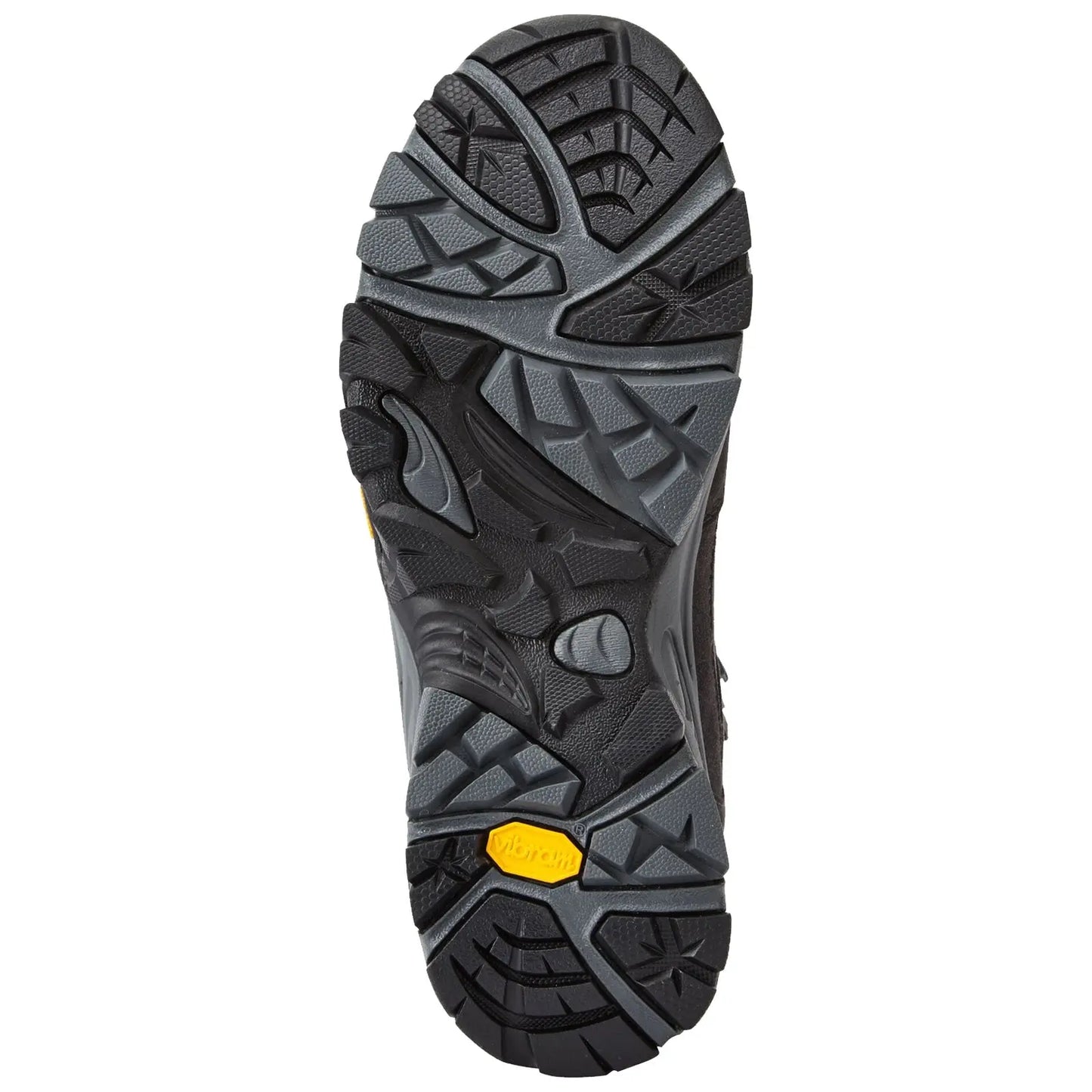 A rugged shoe sole with a textured surface designed for grip facing downwards showcasing various tread patterns and a yellow vibram branding element for enhanced traction on various terrains
