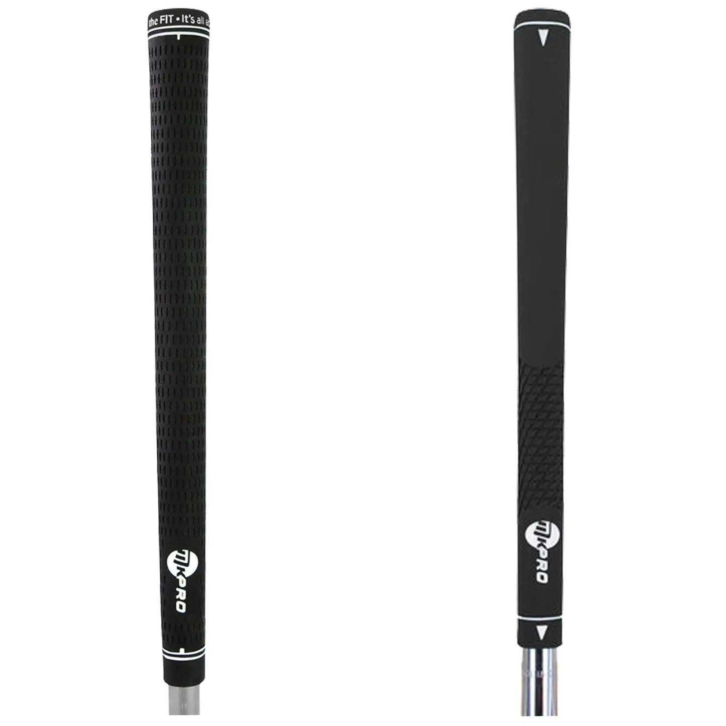 A black golf club grip is displayed upright showing textured surface and branding while emphasizing its design for improved handling and control in golf games.