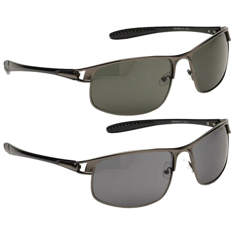 Two pairs of sunglasses are displayed one on top of the other the top pair has green lenses and the bottom pair has gray lenses both have a sleek metallic frame and black temples
