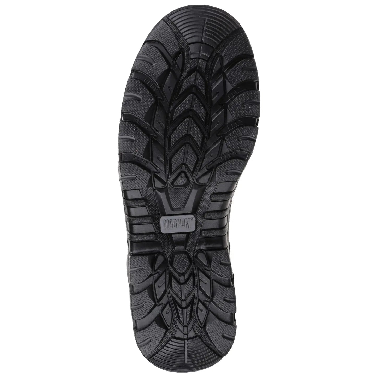 A black shoe sole lies flat showing detailed tread patterns designed for traction and stability in outdoor or rugged environments highlighting its functionality for various activities