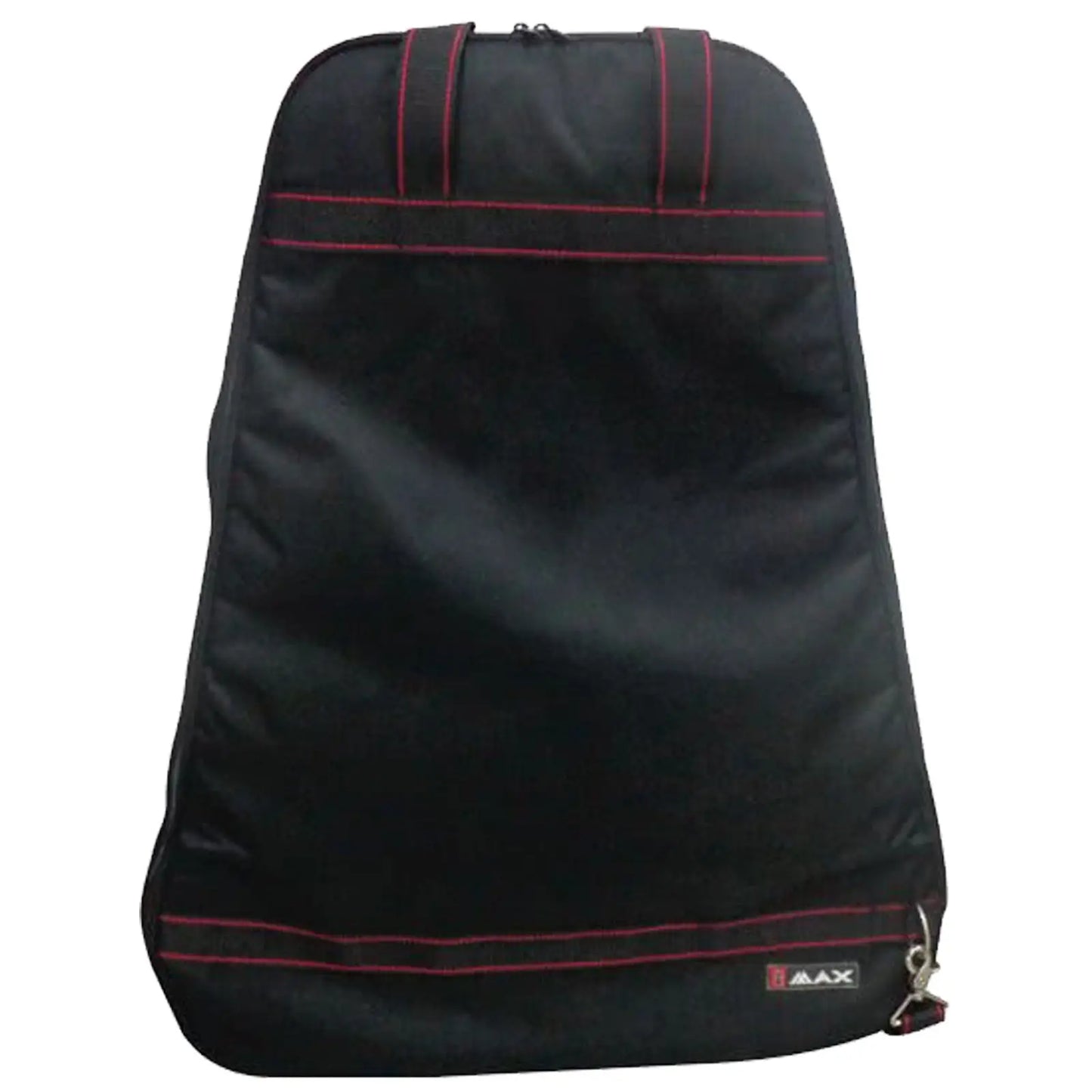 A black backpack with red stitching rests upright with two padded shoulder straps visible at the top and a zippered compartment at the bottom featuring a small brand logo.