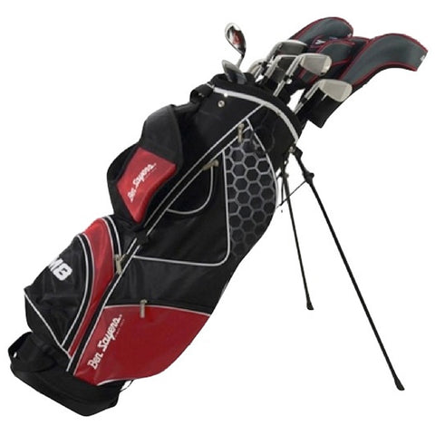 A black and red golf bag stands upright with clubs partially visible at the top while the bag's straps hint at portability and ease of use on a golf course.