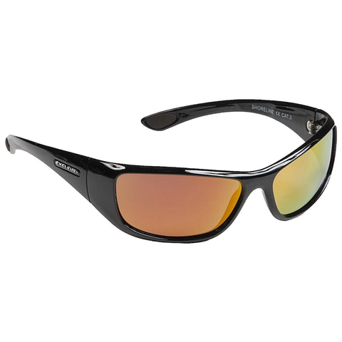 Black sunglasses with a sleek design feature reflective orange and yellow lenses providing sun protection against bright light likely intended for outdoor activities.
