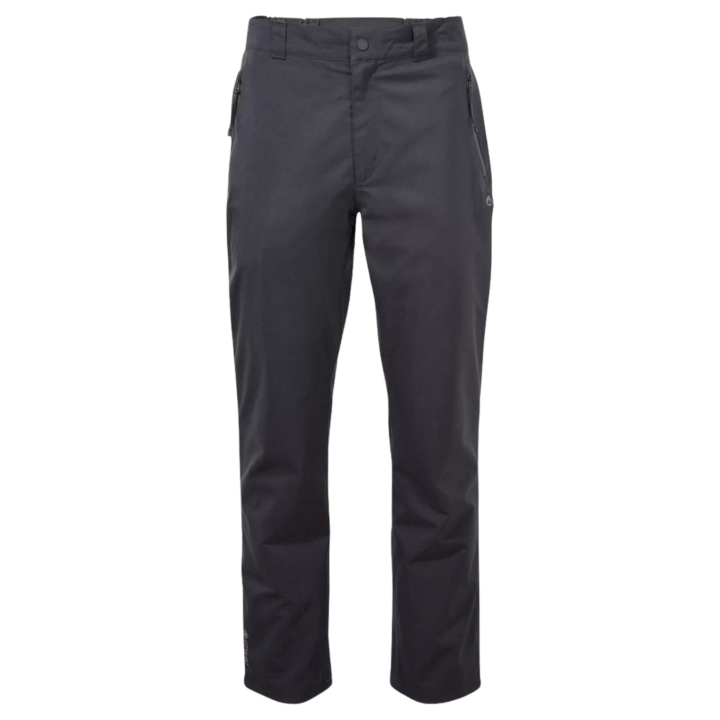 Black outdoor pants are displayed standing upright with a straight-cut design featuring pockets on both sides suitable for active use in various environments.