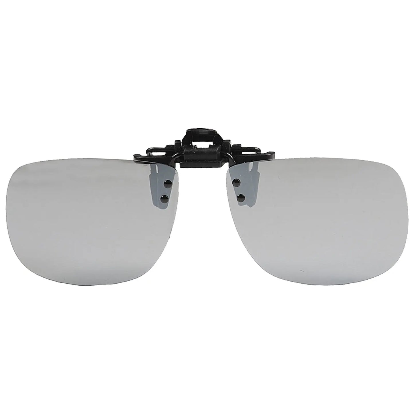 Clip-on sunglasses are attached to a central frame while reflecting light in a bright setting, designed to enhance vision and reduce glare for outdoor use.