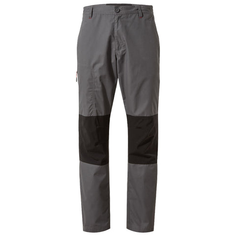 Gray outdoor pants with black accents feature a buttoned waistband and pockets designed for functionality, suitable for various outdoor activities in casual or rugged environments.