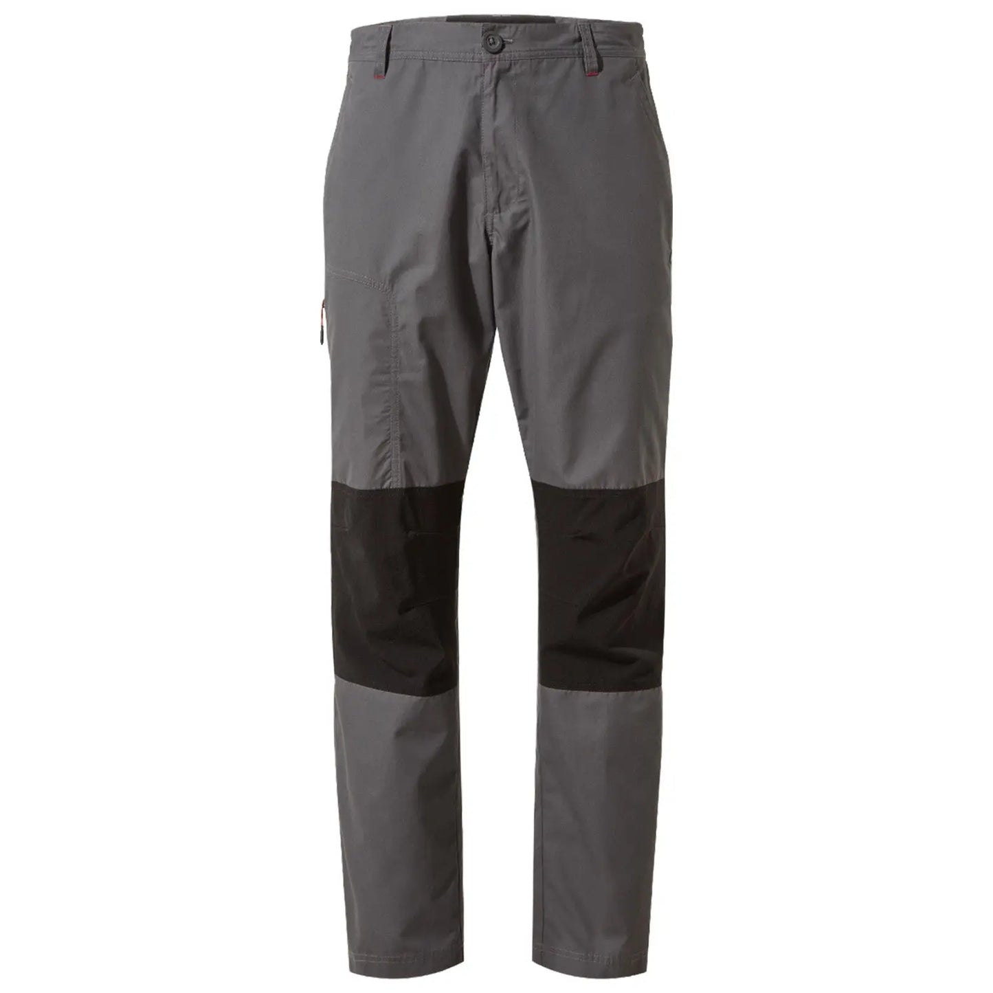 Gray outdoor pants with black accents feature a buttoned waistband and pockets designed for functionality, suitable for various outdoor activities in casual or rugged environments.
