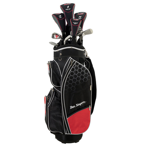 A golf bag stands upright displaying multiple golf clubs from its top opening the bag features black and red colors with a geometric design and a branded logo on the side