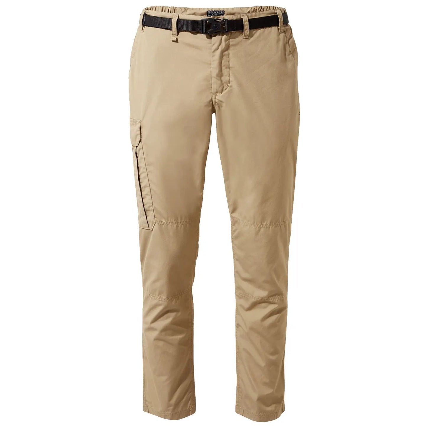 Beige cargo pants with a belt feature a side pocket and a tapered fit suitable for outdoor activities in casual or rugged environments. The fabric appears lightweight and durable.