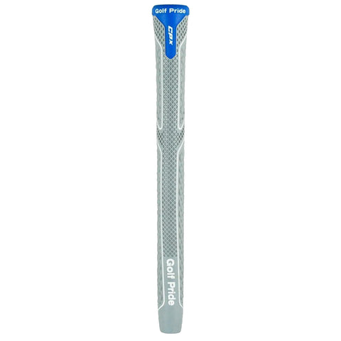 A gray golf grip with textured patterns is standing upright showcasing its smooth surface and brand name Golf Pride prominently displayed near the bottom on a neutral background.