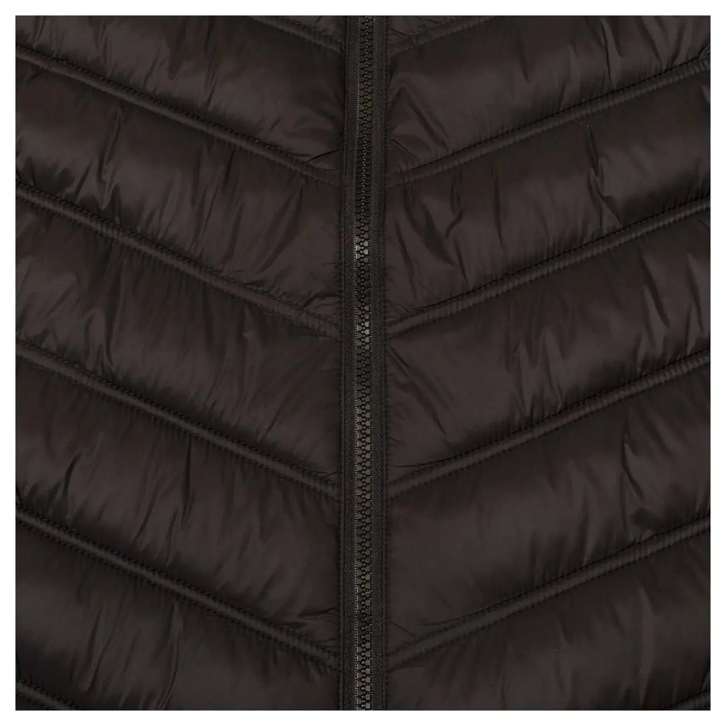 A black puffer jacket features a chevron pattern with a front zipper, designed for warmth and insulation, suitable for cold weather or outdoor activities.
