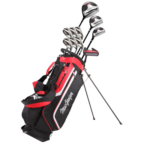 A golf bag with red and black design stands upright showcasing several clubs leaning against it while displaying the brand name prominently on the side.