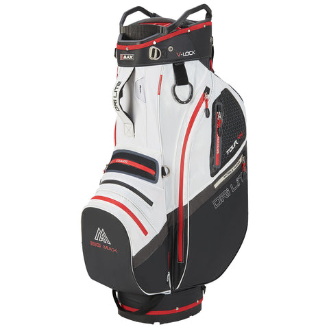 A white and black golf bag stands upright featuring multiple zippered pockets and a cooler compartment designed for organized transportation of golf equipment in outdoor settings.