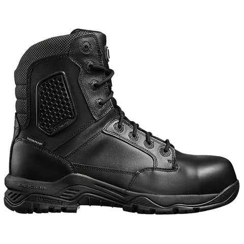 A black waterproof boot features a high top design with mesh areas and reinforced soles suitable for rugged use standing on a flat neutral background showcasing its details.