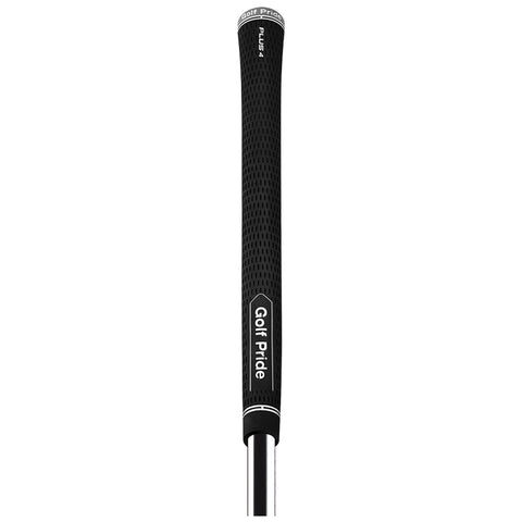 A black golf club grip with textured surface is positioned upright against a plain background showcasing its sleek design and branding elements for enhanced performance and grip stability.